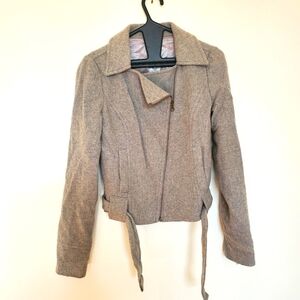 Frenchi light gray wool moto style jacket with belt. Size Small lightly worn